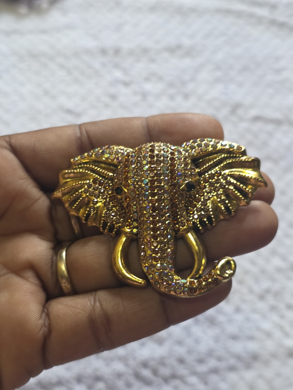 Gold Elephant Head Brooch with Rhinestones - Picture 2 of 3